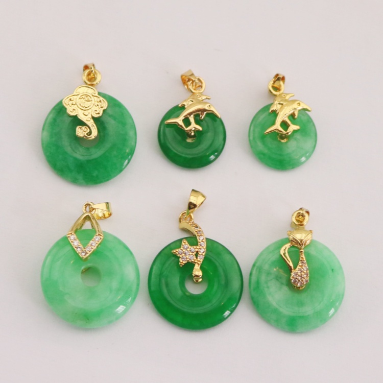 Unique Green Jade Peace Coin Pendants in 18K Gold Plating with Diverse Decorations for Women's Accessories