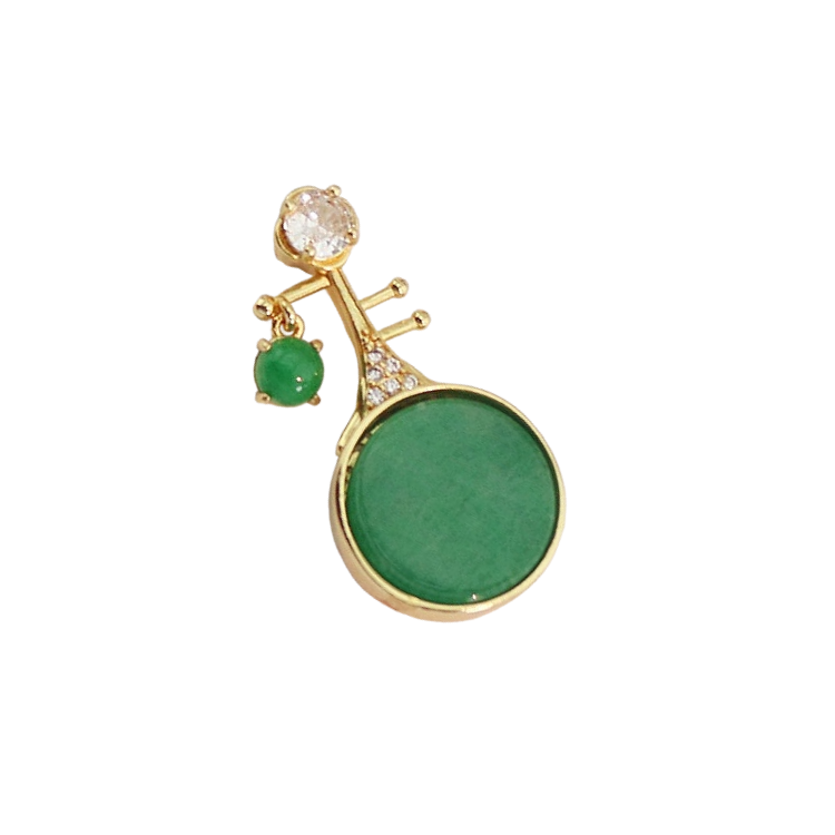 Vintage Chinese Lute Style Jade Pendant Green Gemstone with Gold Plating for Unisex Lucky Gift