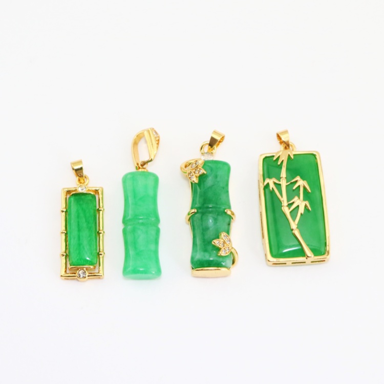 18K Gold Plated Brass Accent Green Bamboo Jade Pendant: Elegant Unisex Charm for Fashionable Daily Wear