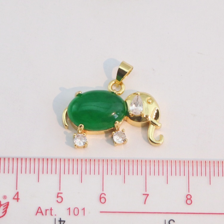 Lovely Oval Green Jade Accented Elephant Pendant 18K Gold Plated Brass Charming Animal Inspired Gemstone Piece