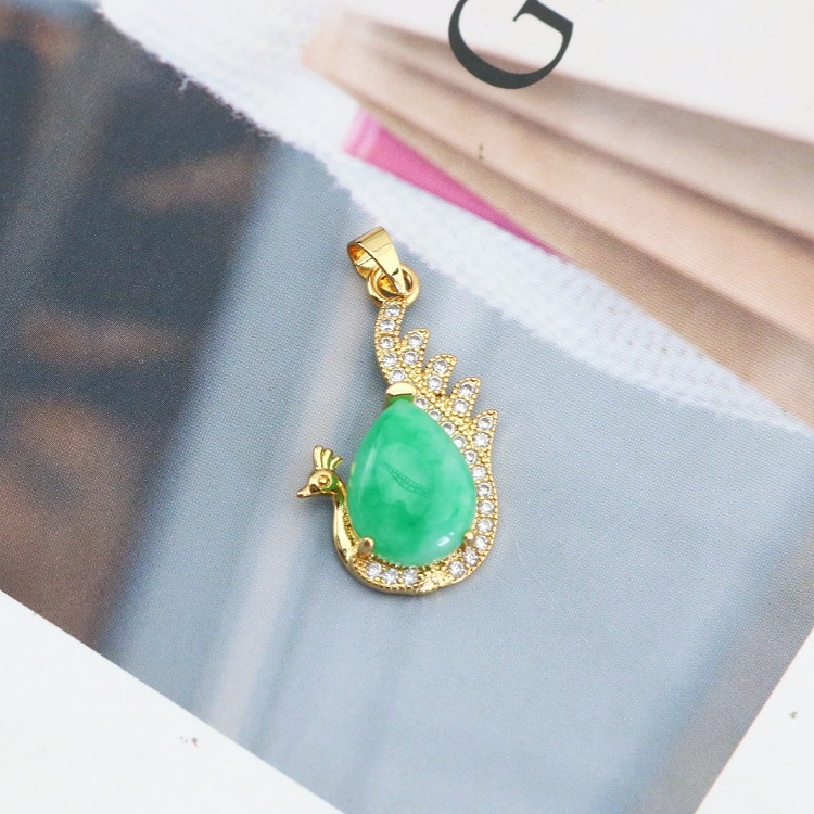 Green Peacock Jade Pendant with 18K Gold Plated Brass Metal Accents for Gifting