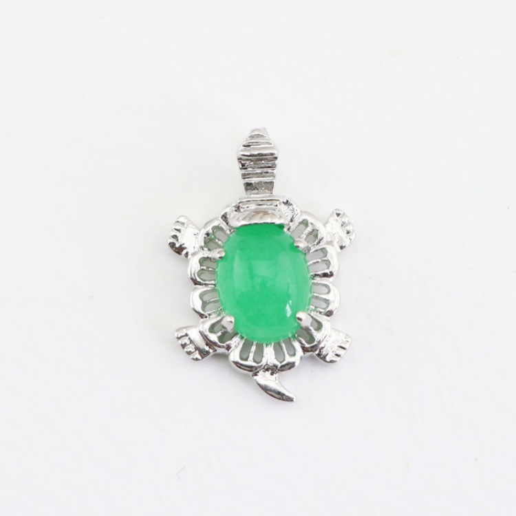 Silver Plated Brass Tortoise Green Jade Pendant for Good Luck, Unique Natural Stone Jewelry