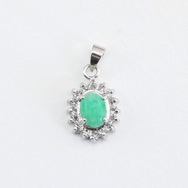 Green Oval Jade Pendant with Floral Accents, Natural Stone Jewelry for Necklace Bracelet Making