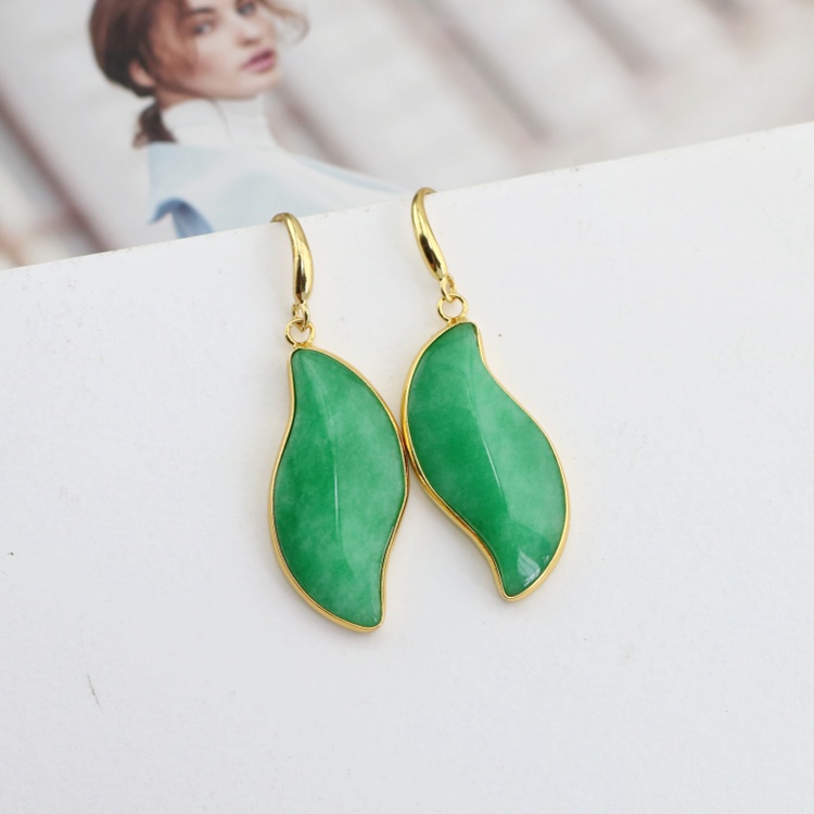 Fashion 18K Gold Plated Certificate Jade Large Leaf Nature Inspired Dangle Pendant Earrings for Ladies