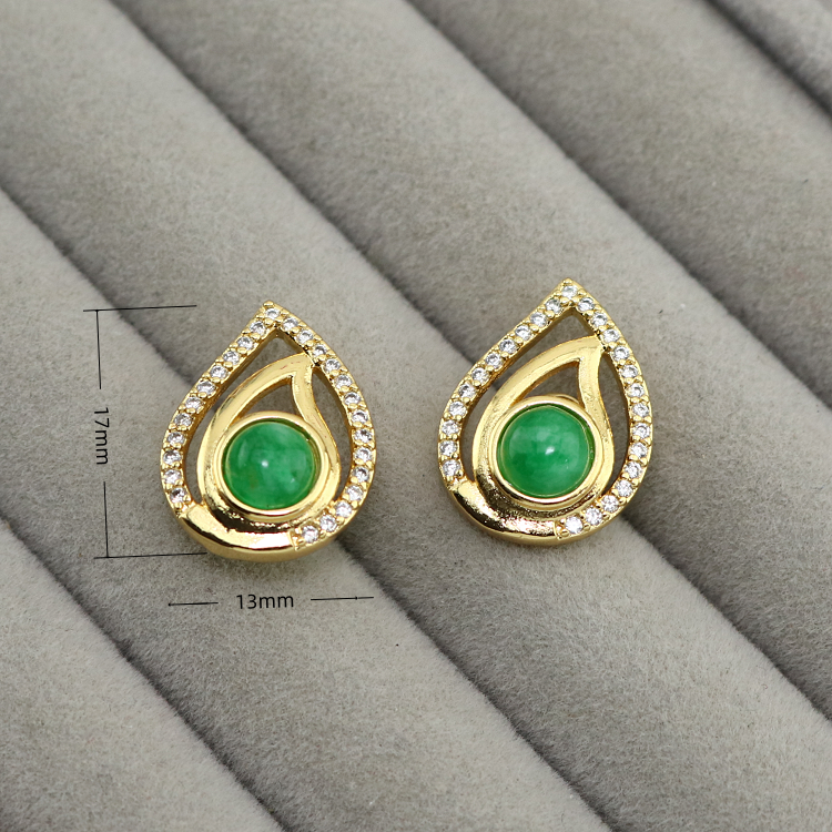 Wholesale Chic Gold Plated Zircon Rhinestone Teardrop Green Jade Studs Earrings Elegant Gift for Women