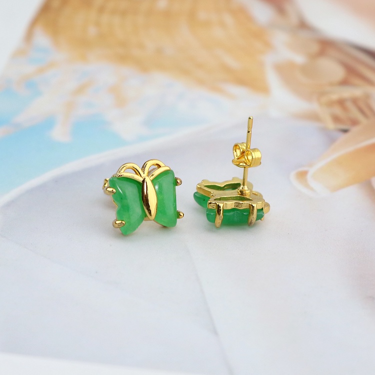 Cute Tiny Butterfly Green Jade Gemstone 18K Gold Plated Stud Post Earrings Jewelry for Ladies