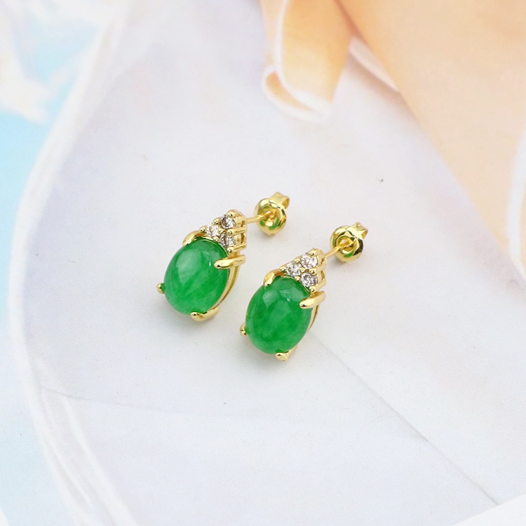 Mini Chic Gold Plated Zircon Oval Green Jadeite Genuine Jade Studs Earrings for Gift Party Anniversary