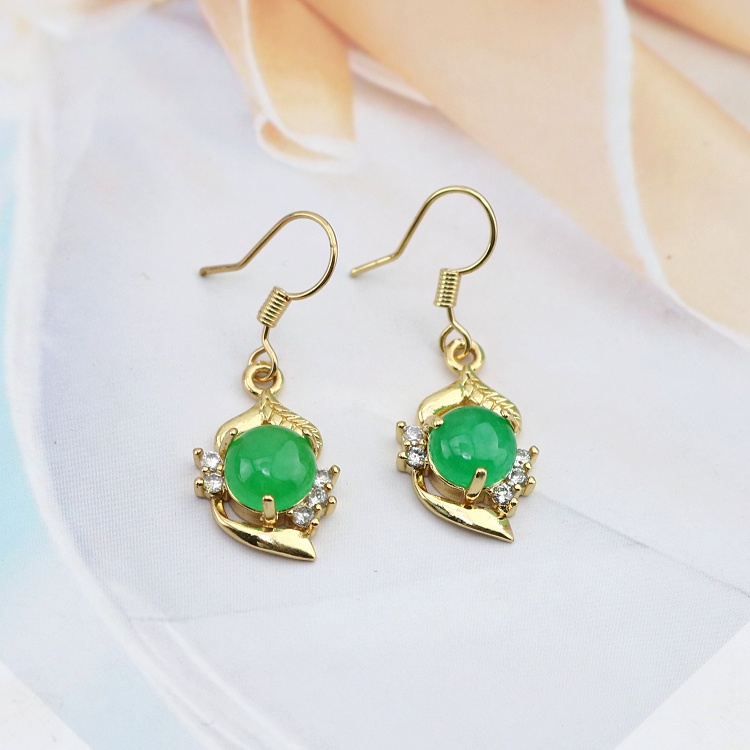 Exquisite Large Gold Plated Brass Leaves Zleircon Oval Green Jade Natural Gemstone Earrings Hook Drop Earrings for Ladies Fine Jewelry