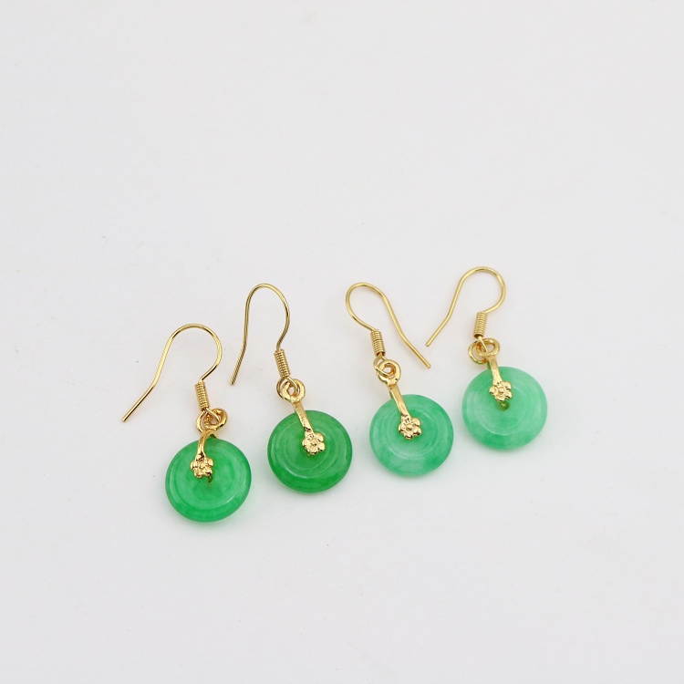Minimalist Brass 18K Gold Plated Flower Natural Green Jade Donut Chinese Style Drop Hook Earrings for Women