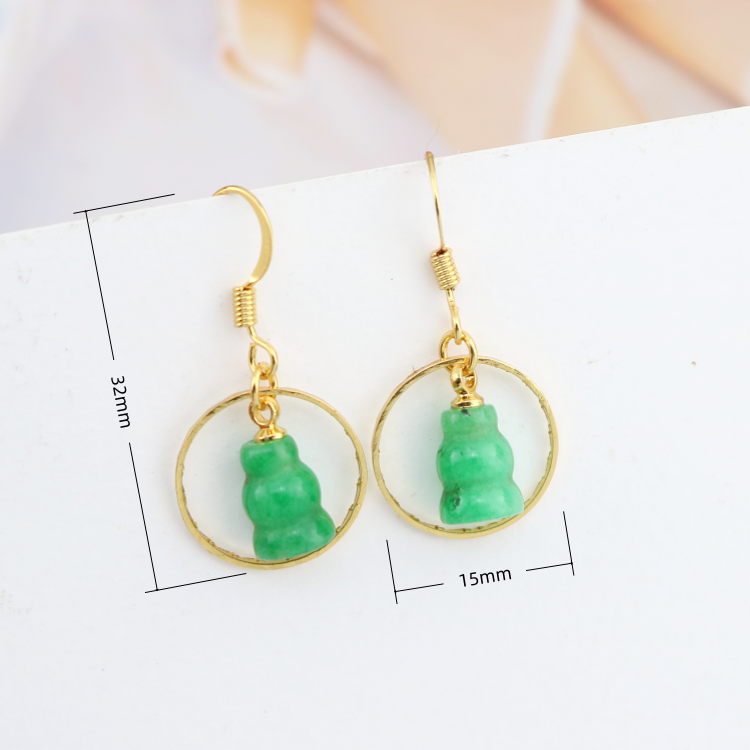 Unique Brass Hoop Earrings Natural Green Jade Gourd Charm Chinese Element Hook Drop Jadeite Earrings for Gift