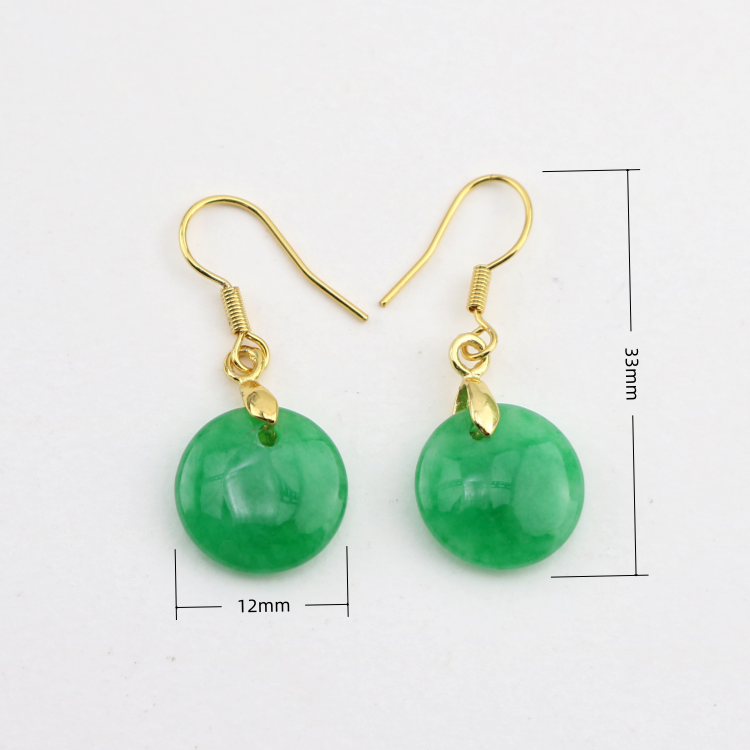 Minimalist Gold Plated Hook Drop Earrings with 12mm Natural Green Jade Disc, Classic Round Gemstone Charms Earring