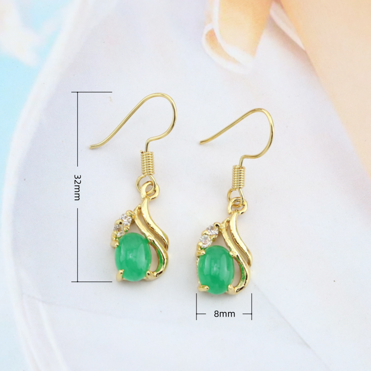 Dainty Fashionable Curved Design Green Oval Jade Gold Plated CZ Micro Pave Drop Hook Earrings for Engagement Party