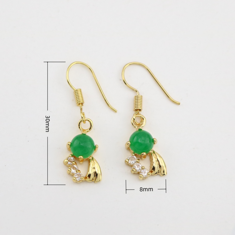 Exquisite Fish Shaped 18K Gold Plated CZ Cubic Diamond Green Round Jade Hook Drop Earrings for Women Everyday Wear