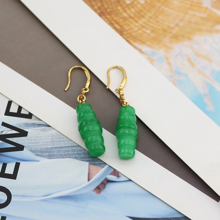 Chic 18K Gold Plated Hook Earring Green Jade Carved Barrel Shape Star Cute Drop Earrings for Women Girls Jewelry