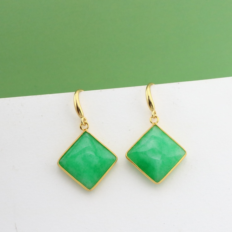 Large Vintage Flat Bottom Square Gold Plated Natural Jasper Jade Gemstone Pendant Drop Earrings for Women Accessories