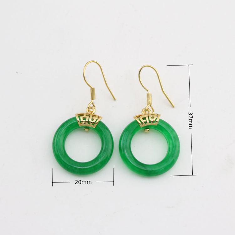 Exquisite Brass Gold Plated Circle Doughnut Jade Pendant Earrings, Retro Style Gemstone Dangle Hook Eardrops for Women