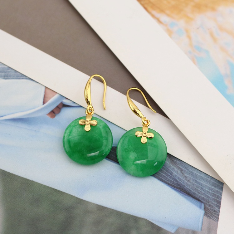 Round Gold Plated 20mm Round Green Jade Real Jadeite Drop Earrings with Flower Design Hook Ear Pieces for Women