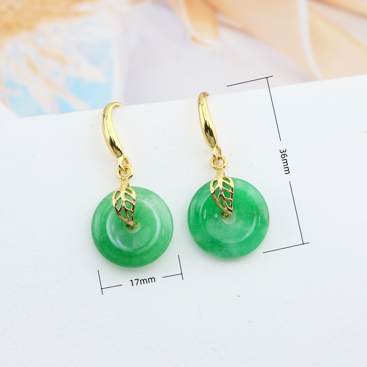 Gold Plated Leaf Design Authentic Doughnut Peace Coin Natural Jade Drop Hook Earrings for Good Fortune Gift