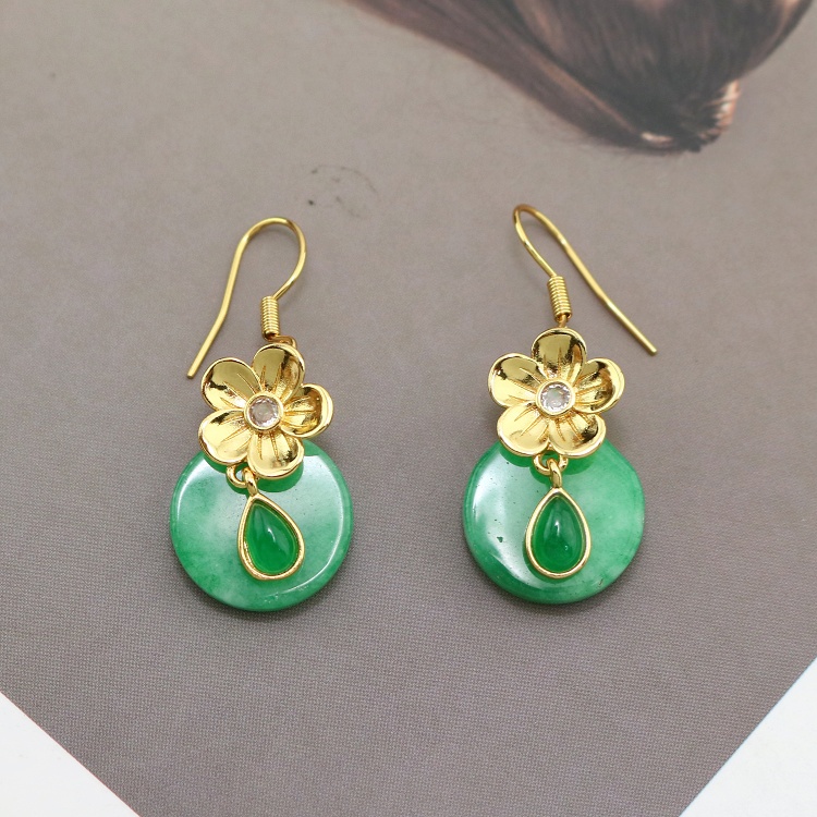 Green Jade Round Gemstone Gold Plated Flower Crystal Teardrop Drop Hook Earrings for Women