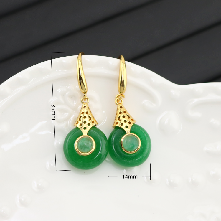 Vintage Circle Donut Double Green Jade Hollow Design Retro Dangle Drop Earrings for Women Evening Party Jewelry
