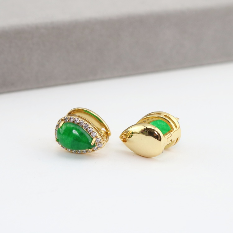 Brass Gold Plated CZ Micro Pave Green Stone Teardrop Natural Oval Jade Statement Earrings for Ladies