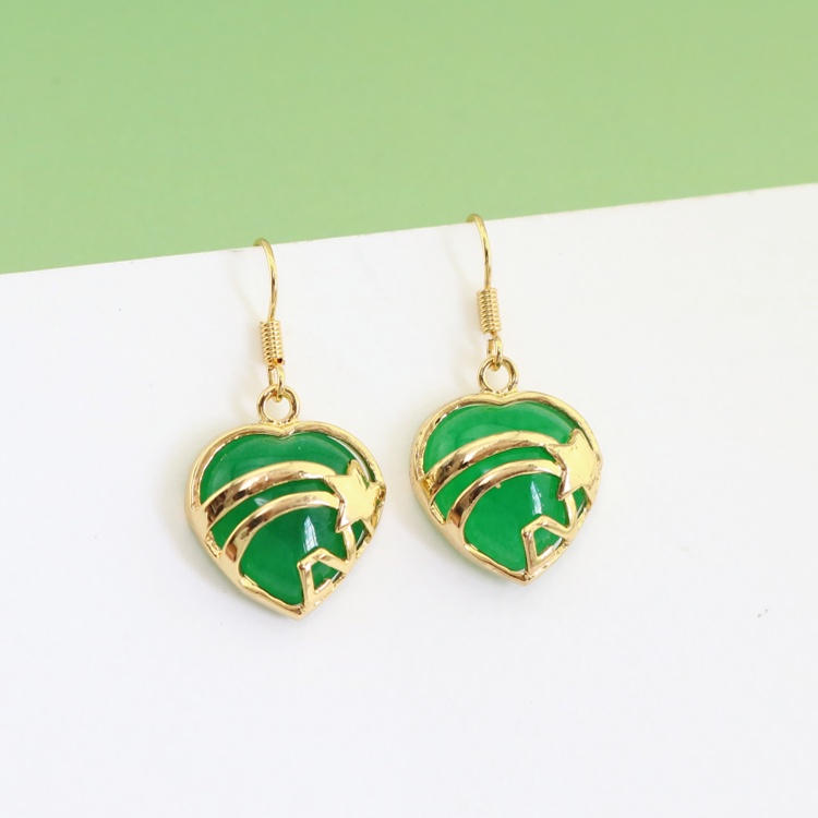 Novelty Green Jade Heart Drop Earrings 18K Gold Plated Star Charms Ear Pieces for Women Girls Christmas Gift