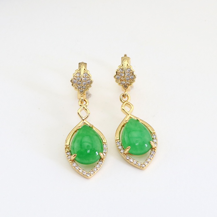 Fancy Gold Plated CZ Cubic Diamond Teardrop Leaves Shaped Natural Jade Huggie Hoop Earrings for Women Accessories
