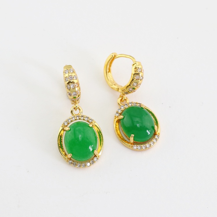 Classic Brass Gold Plated Zircon Micro Pave Green Oval Quartz Jade Huggie Hoop Earrings Trendy Women Jewelry