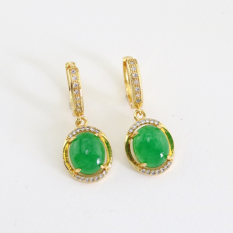 Chic 18K Gold Plated Cz Zircon Micro Pave Natural Oval Gemstone Jade Huggie Hoop Earrings Women Jewelry