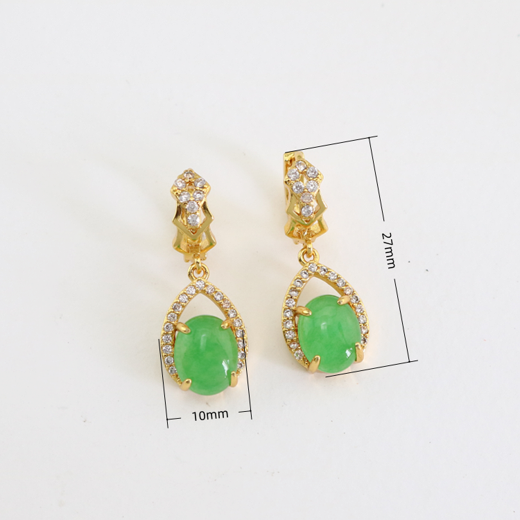 Brass Dainty Rhinestone Authentic Light Green Certificate Jade Water Drop Pendant Earrings Huggie Hoop Ear Pieces